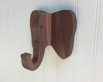 Kids room wall hook - Elephant wall hook in walnut: playful wooden hanger for coats, bags, & backpacks - kids room organization, storage