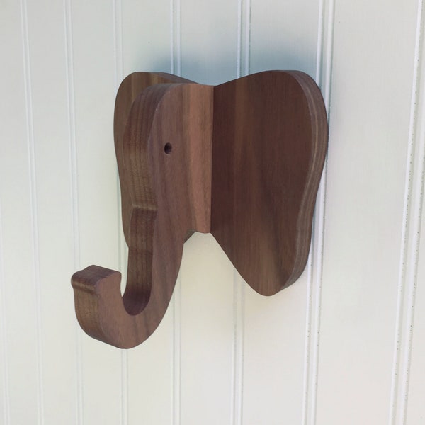 Kids room wall hook - Elephant wall hook in walnut: playful wooden hanger for coats, bags, & backpacks - kids room organization, storage