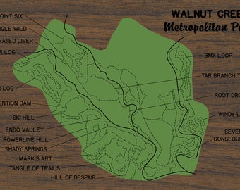 Arte del mapa de Walnut Creek Metro Park: mapa de Austin pintado a mano con descripciones de las características del parque; regalo para residentes de Austin, excursionistas y amantes del aire libre.