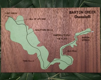 Barton Creek Greenbelt park map art: handpainted Austin greenbelt trail map with swimming hole callouts; gift for Austinite, hikers