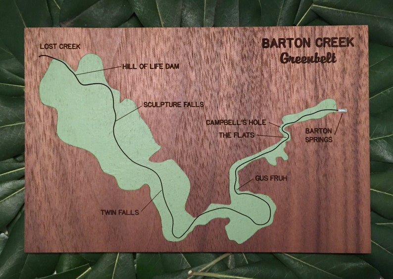 Barton Creek Greenbelt park map art: handpainted Austin greenbelt trail map with swimming hole callouts gift for Austinite, hikers image 1