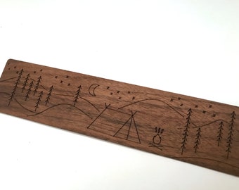 Walnut wooden bookmark with engraved camping artwork and suede accent; gift for booklover; outdoors lover; camper, hiker and backpacker