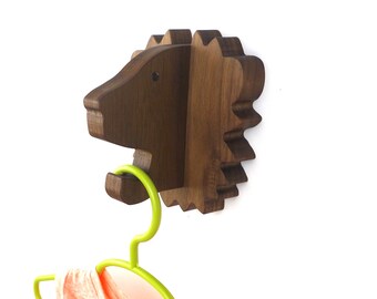 Nursery wall hook - Lion wall hook in walnut: playful wooden wall hanger for coats, bags, hats, & backpacks - safari nursery, lion gift