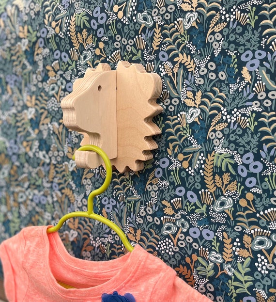 Nursery wall hook - Lion wall hook in birch: playful wooden hanger for bags & backpacks - cute kids room wall hook, safari baby shower