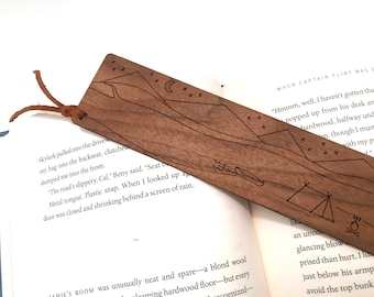 Walnut wooden bookmark with engraved camping artwork and suede accent; gift for booklover; outdoors lover; camper, hiker and backpacker