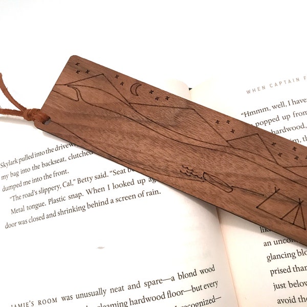 Walnut wooden bookmark with engraved camping artwork and suede accent; gift for booklover; outdoors lover; camper, hiker and backpacker