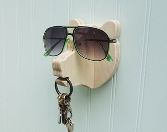 Key hook - Bear head wall hanger in birch - hang keys, glasses, and sunglasses - wooden sunglasses holder & key hook, housewarming gift