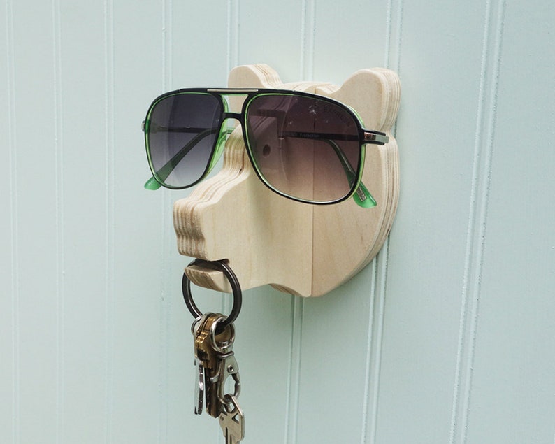 Key hook Bear head wall hanger in birch hang keys, glasses, and sunglasses wooden sunglasses holder & key hook, housewarming gift image 1