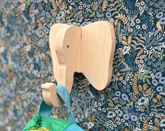 Kids room wall hook - Elephant wall hook in birch: playful wooden hanger for bags & backpacks - cute nursery wall hook, safari baby shower