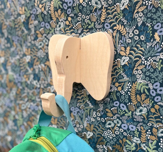 Kids room wall hook - Elephant wall hook in birch: playful wooden hanger for bags & backpacks - cute nursery wall hook, safari baby shower