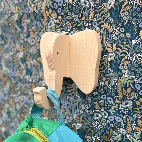 Kids room wall hook - Elephant wall hook in birch: playful wooden hanger for bags & backpacks - cute nursery wall hook, safari baby shower