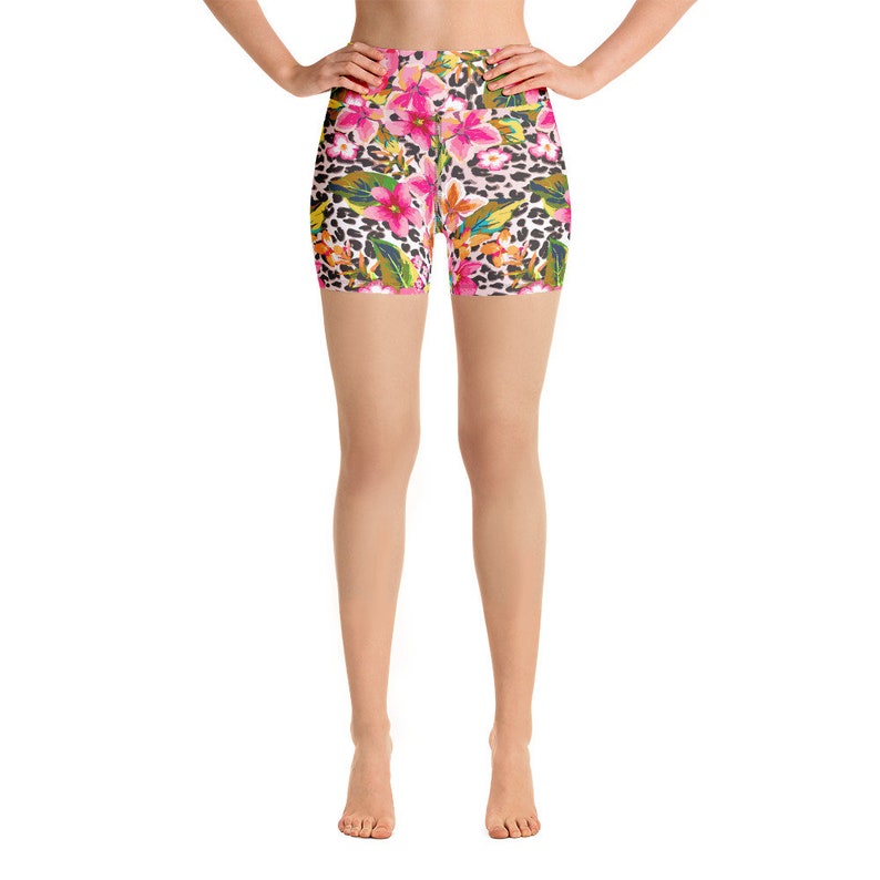 Yoga Shorts for women with flowers and leopard print soft stretchy comfortable