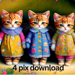 Drie kleine katjes, schattig, Victoriaanse outfits, kattenkunst, kinderliedje, kattenkaart, kattendownload, afdrukbare, mooie, grafische katten