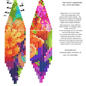 Puede incluir: Un patrón de abalorios para pendientes florales. El patrón es para dos pendientes, cada uno con una forma triangular y una franja. El patrón utiliza una variedad de colores, incluyendo rosa, morado, azul, verde, amarillo y naranja. El patrón es para un proyecto de abalorios de nivel intermedio y requiere 70 filas, 14 columnas y 11 abalorios redondos.