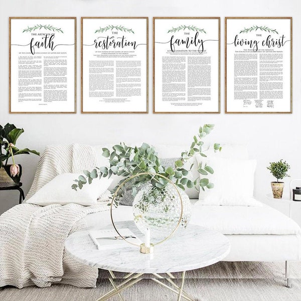 PRINTED Set of 4 Green Leaf - The Family Proclamation, The Living Christ and The Articles of Faith Set