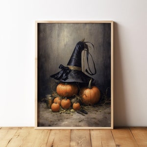 PRINTED Vintage Witch Hat On Pumpkins Halloween Still Life Art Print, Printed and shipped, Fall Home Decor, Antique Autumn Decor