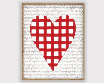 Valentines Gingham Heart Print, Valentines Day Rustic Decor, Valentines Printable, Folk Art Print, Handmade Art Print