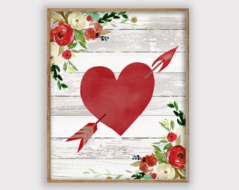 Valentines Art Print, Valentines Decor, Rustic Heart Valentines Print, Farmhouse Floral Art Print