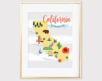 California Illustrated Map, California Kids Map, Map Printable Art, Cartoon Map