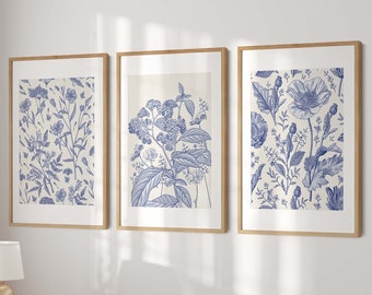 PRINTED Classic Blue Chinoiserie Set of 3 Art Prints, Printed and Shipped Poster Art, Watercolor Large Wall Art