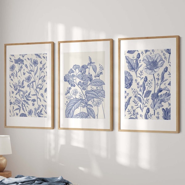 PRINTED Classic Blue Chinoiserie Set of 3 Art Prints, Printed and Shipped Poster Art, Watercolor Large Wall Art