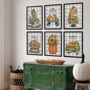 Juego de 6 láminas artísticas con cuadros de búfalo de granja otoñal impresas: juego de láminas artísticas de pared otoñales, impresas y enviadas