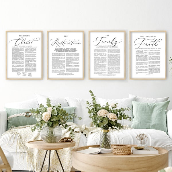 PRINTED Set of 4 Minimalist LDS Art Print Set  - The Family Proclamation, The Living Christ, The Articles of Faith Set of 4, LDS Wall Art