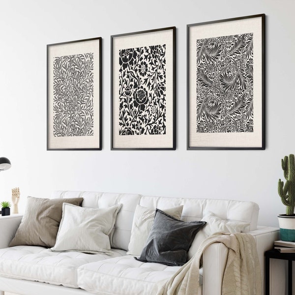 PRINTED Vintage Black Patterns on Beige Set of 3 Art Prints, Printed and Shipped Poster Art, Watercolor Large Wall Art