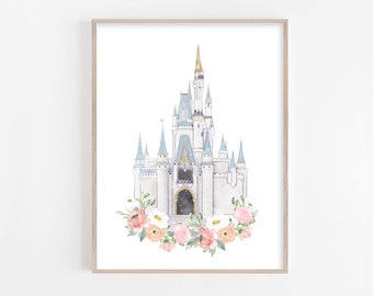 Disneyworld Castle Watercolor Print with Flowers, Princess Castle Printable Art