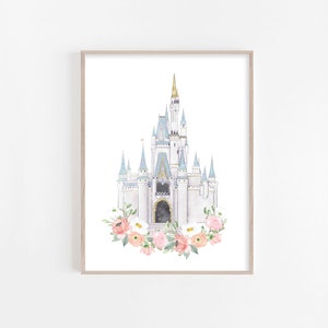Disneyworld Castle Watercolor Print with Flowers, Princess Castle Printable Art
