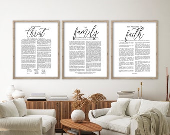 The Family Proclamation, The Living Christ and The Articles of Faith Set, Set of three Modern Black and White Poster Size LDS Printable Set