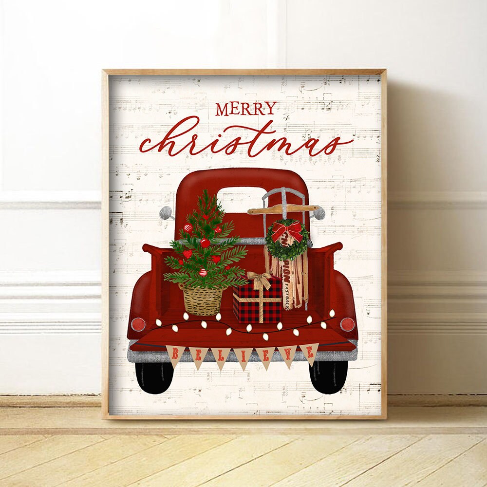 Wall Décor Home & Living Christmas Decorations Print Vintage Red Truck