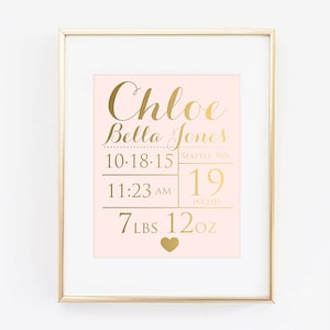 Custom Baby Birth Announcement Name and Birth Stats Baby Girl Faux Gold Foil Digital Nursery Print