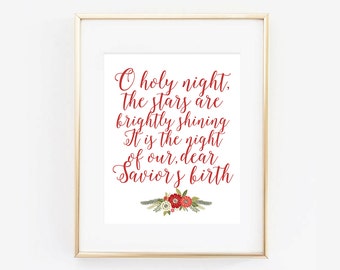 Oh Holy Night Lyrics Floral Digital Printable Christmas Holiday Print