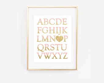 ABC Pink and Half Dipped Gold glitter heart Digital Printable Pink And Gold Nursery Art Print