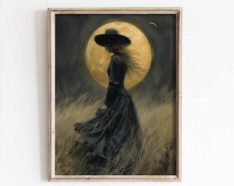 PRINTED Moonlit Witch Oil Painting Halloween Art Print, Printed and shipped, Unframed, Fall Home Decor, Antique Autumn Decor