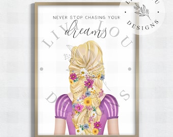 Princess Art Print, Rapunzel Printed and Shipped, Girl&#39;s Room Art Prints, Frame Not Included