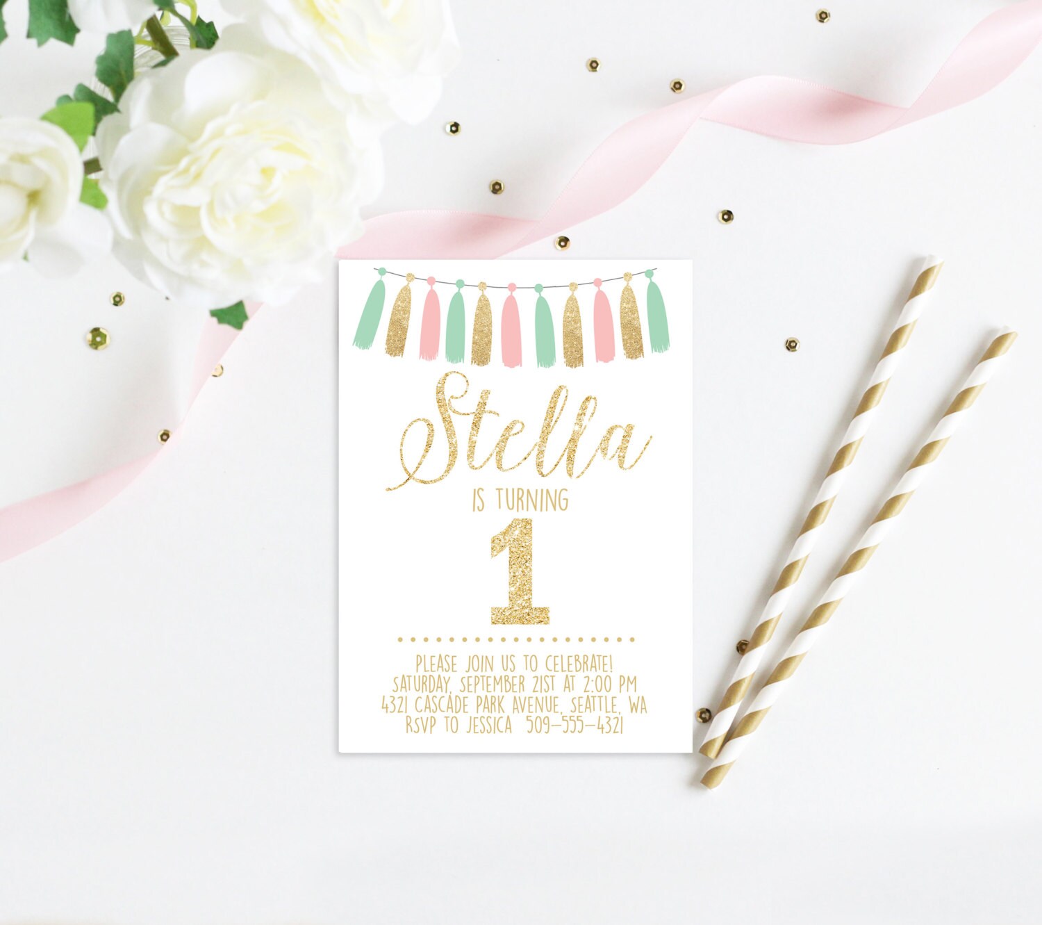 Pink Mint and Gold First Birthday Party Glitter Invitation Etsy