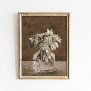 PRINTED Vintage Muted Autumn Beige Flowers in Vase Still Life Painting Art Print | Vintage Antique Country Art Print