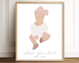 Custom Baby Girl Illustration, Baby Girl Nursery Decor, Baby Shower Gift, Baby Girl Gift