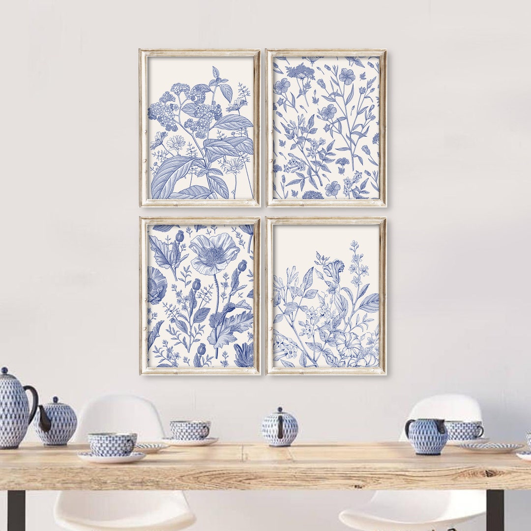PRINTED Set of 4 Antique Blue Chinoiserie Pattern Art Prints - Wall Art Print Set, Printed and shipped