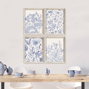 PRINTED Set of 4 Antique Blue Chinoiserie Pattern Art Prints - Wall Art Print Set, Printed and shipped