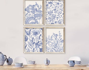 PRINTED Set of 4 Antique Blue Chinoiserie Pattern Art Prints - Wall Art Print Set, Printed and shipped