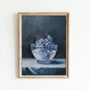 PRINTED Vintage Muted Blue Bowl of Flowers in water Still Life Painting Art Print | Vintage Antique Country Art Print