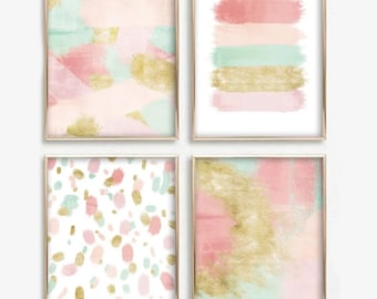 PRINTED Set of 4 Pink & Gold Abstract Art Prints, Frame NOT included