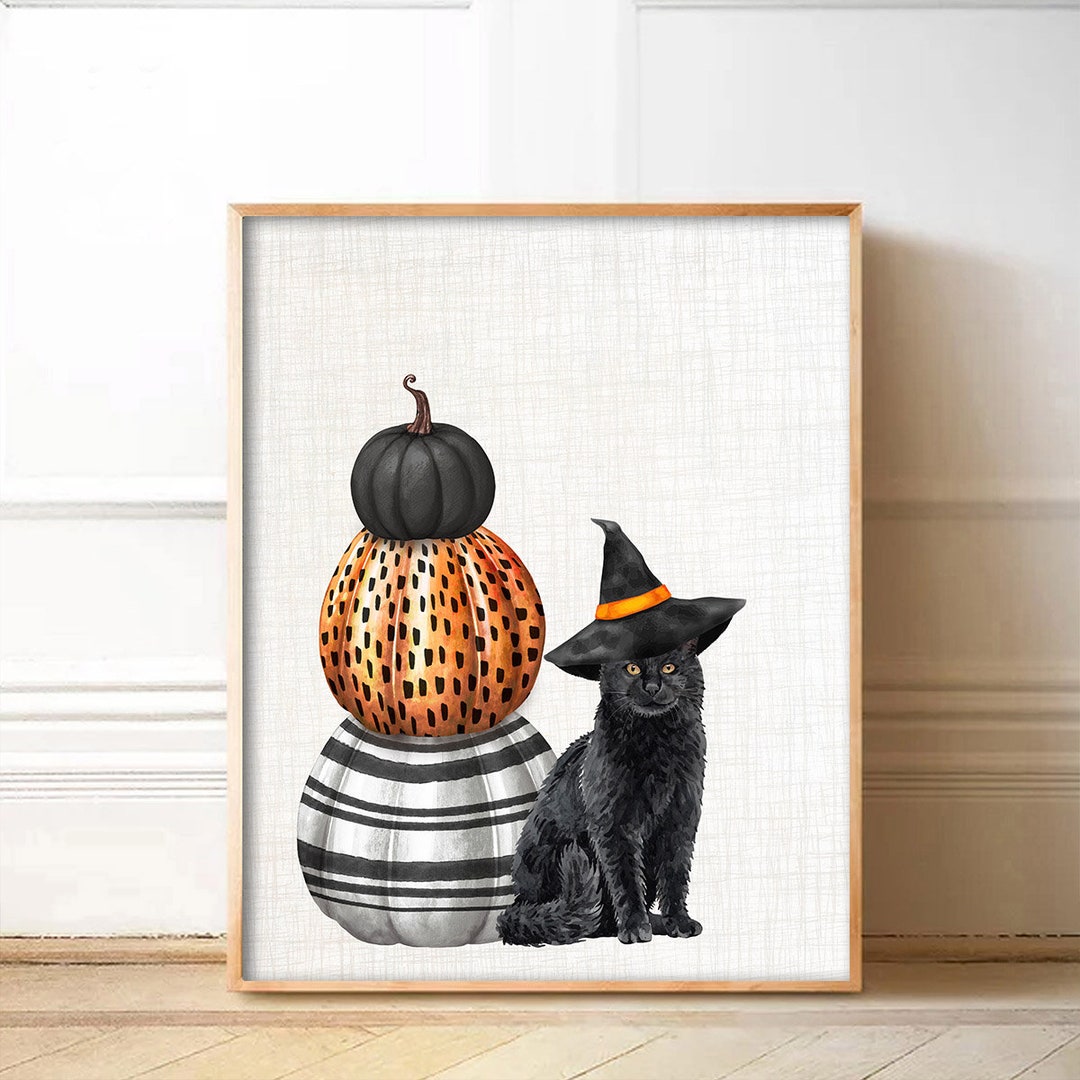 Printable Halloween Cat Art Print Digital Download, Fall Cat With ...
