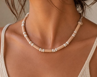 Minimalistische Tonperlen Kette – Handgemachte Boho Halskette – Natürlicher Keramik Schmuck