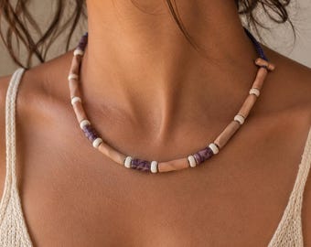Boho Tonperlen Kette – Handgemachte Keramik Halskette – Natürlicher Tribal Schmuck