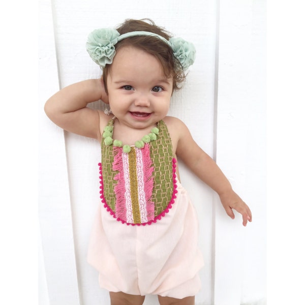 Custom Listing for Betty Kastanaras Baby/Toddler Summer Strawberry Pom Pom Romper and Bright Aztec Denim Romper