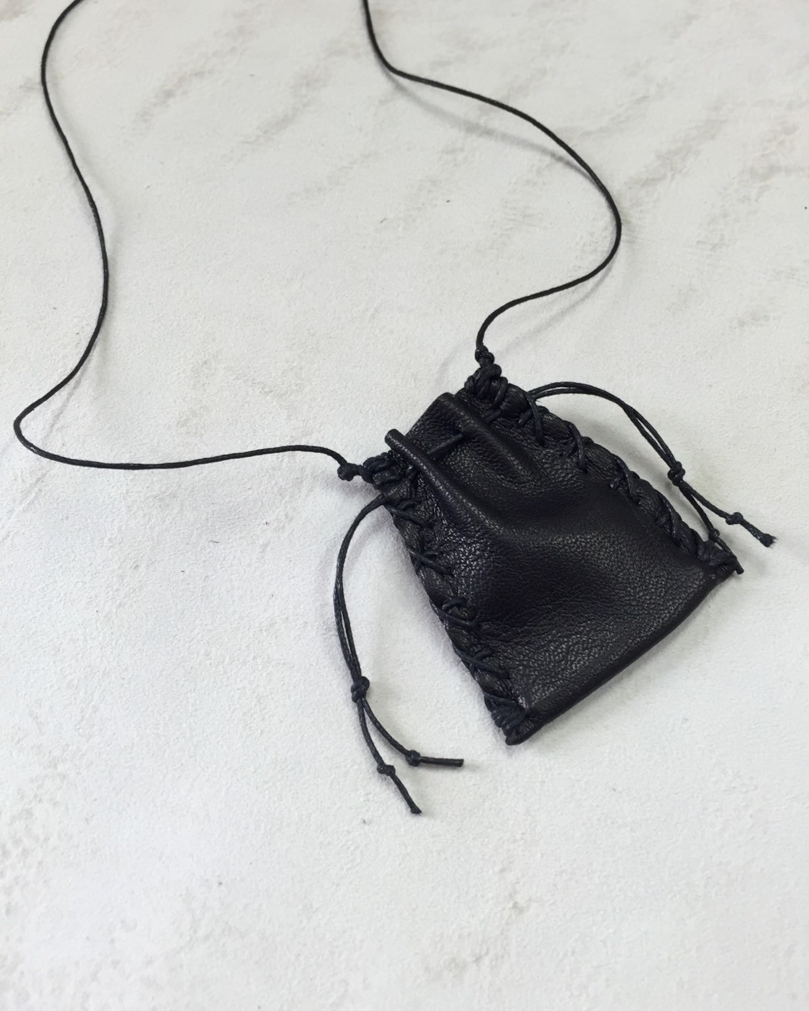 Black Leather Small Pouch Necklace Drawstring Coin Pouch Etsy